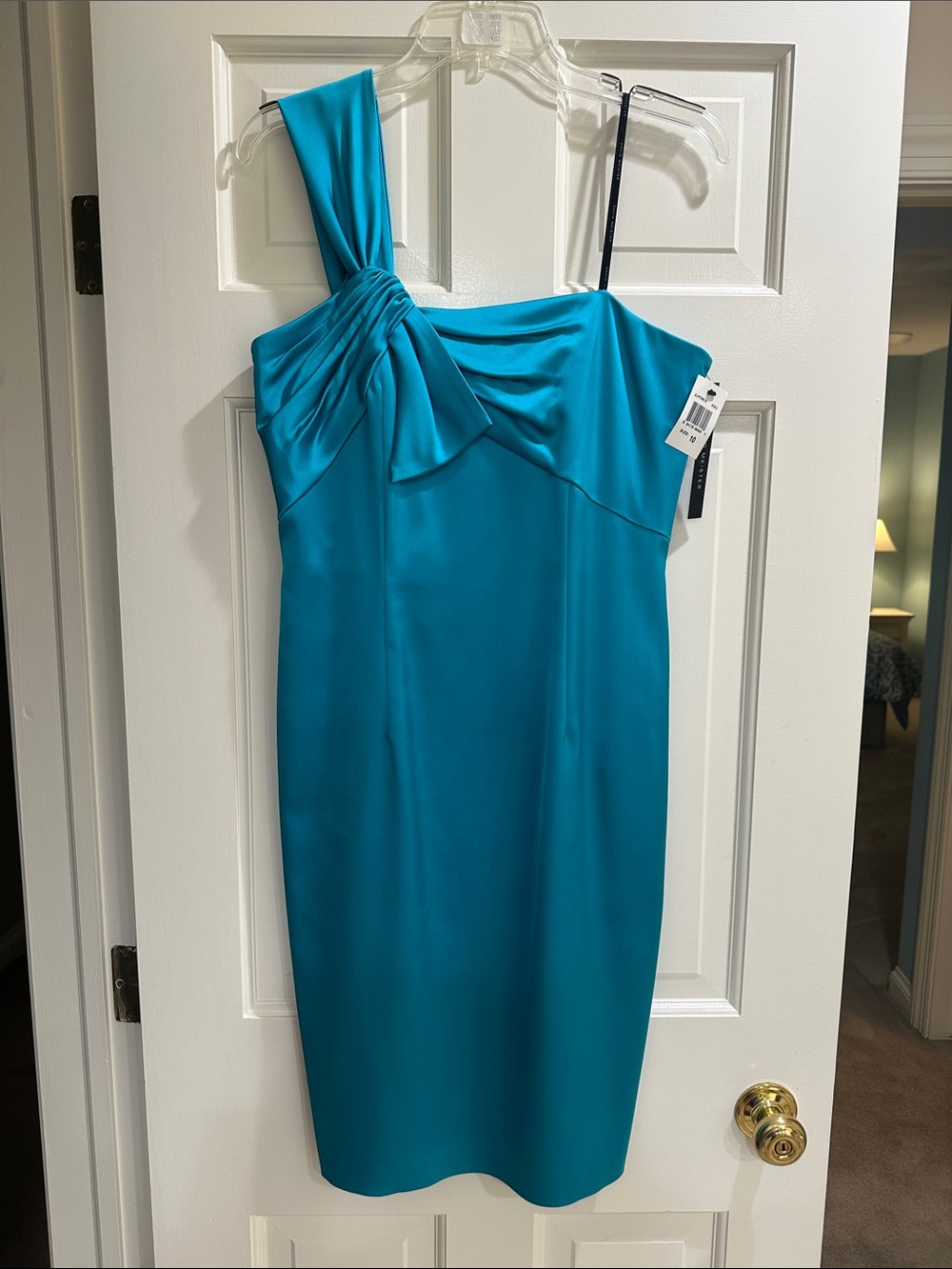 David Meister Teal One-Shoulder Satin Sheath Dress